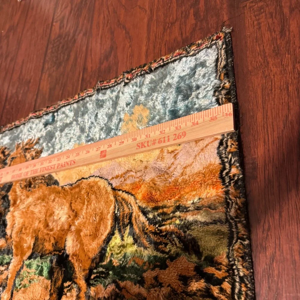 Vintage Velvet Horse Tapestry Wall Hanging Rug 70s Western Decor Wild Horses